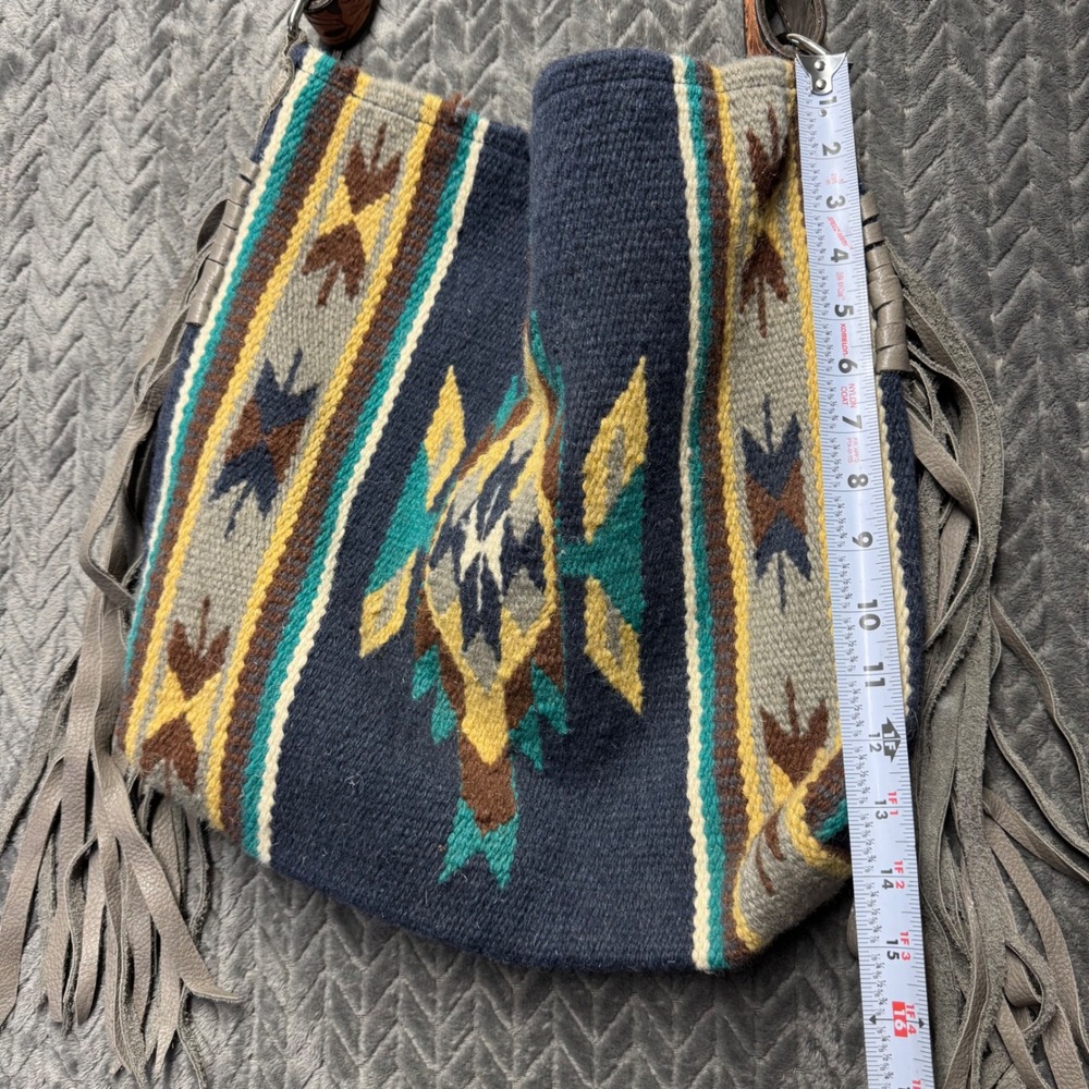 Handmade Southwestern Wool Fringe Blanket Crossbody Bag Tooled Leather Strap - Picture 8 of 9